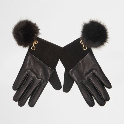 Black leather pom pom gloves